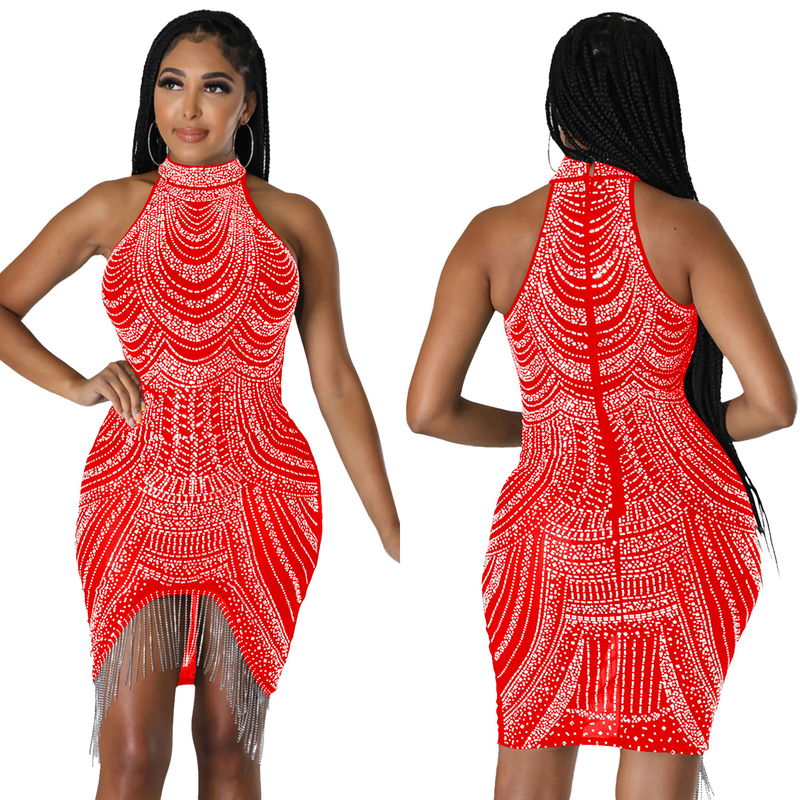 Women's Solid Color Hot Diamond Sleeveless Halter Neck Short Skirt Dress For Women_autovado.com