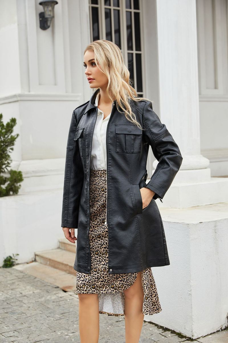 New mid-length leather coat with belt long-sleeved leather trench coat fashionable coat woman_autovado.com