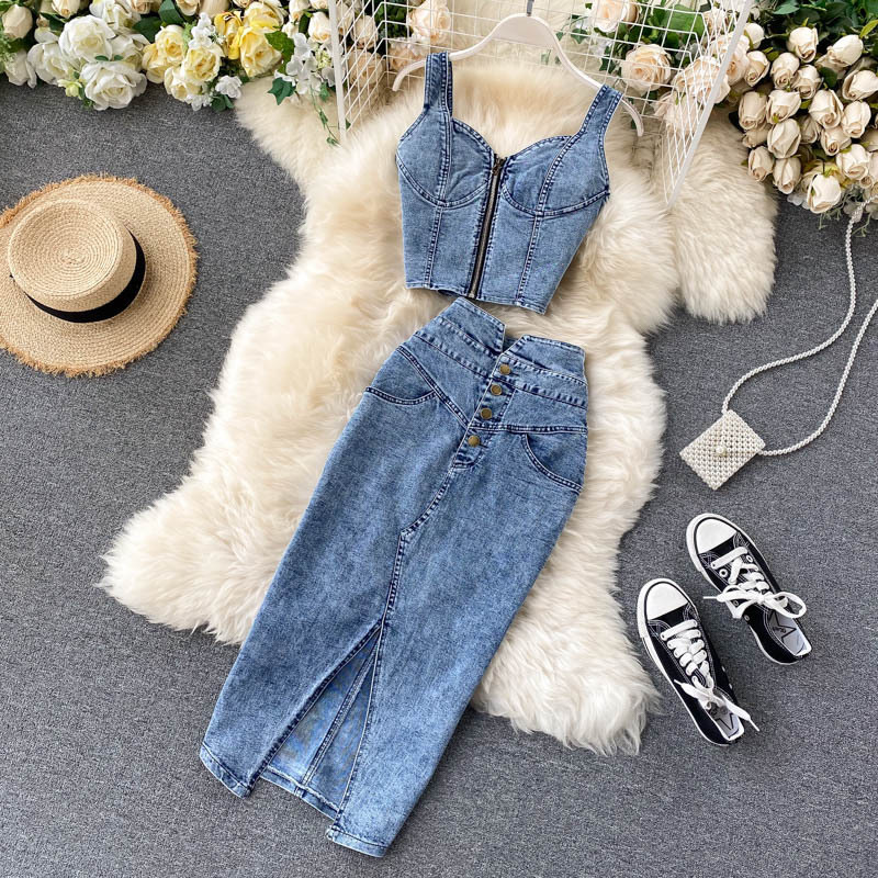Women's fashion halter tank top high waisted denim skirt_autovado.com