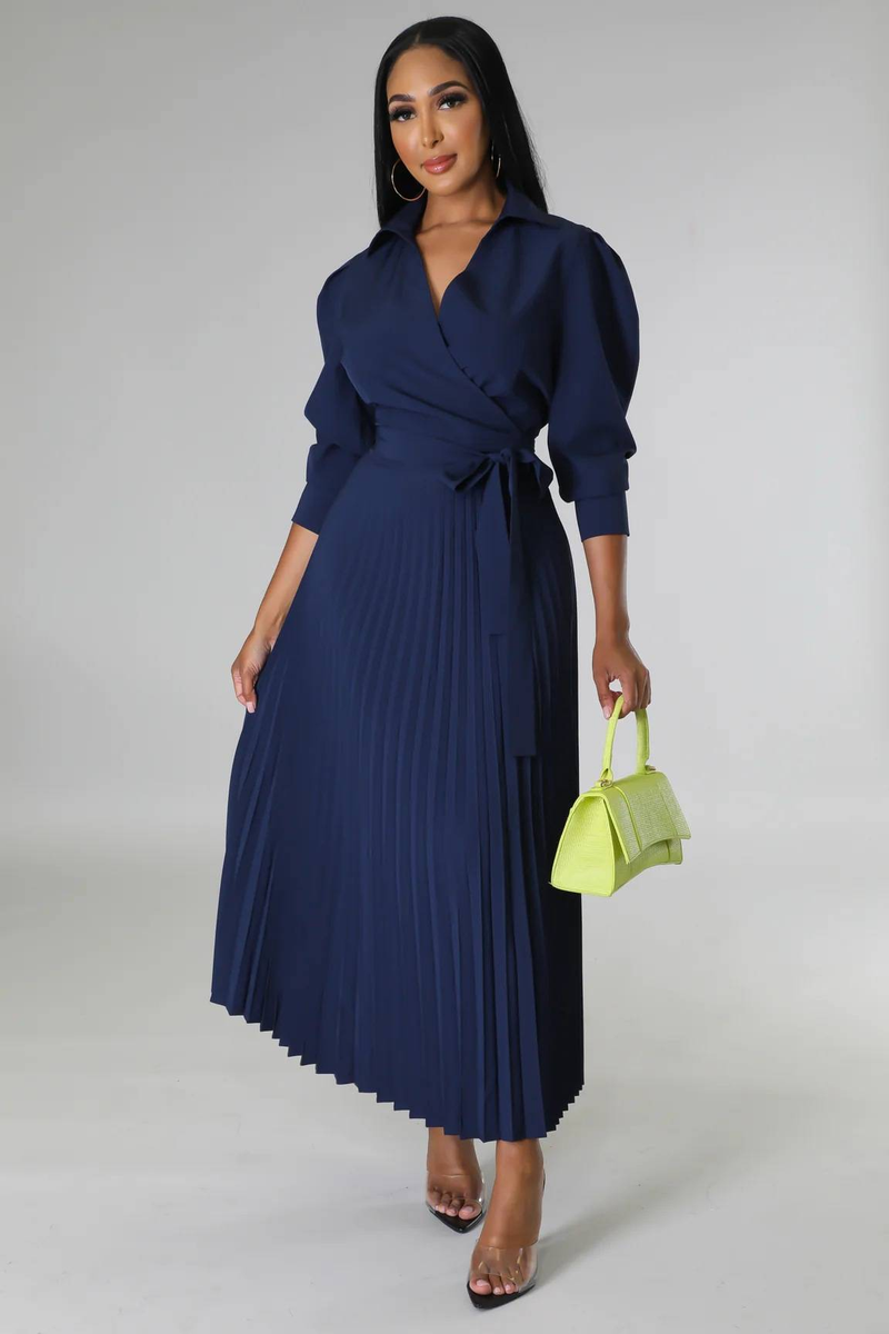 Long sleeved Polo collar high waist fashion casual pleated women's dress_autovado.com