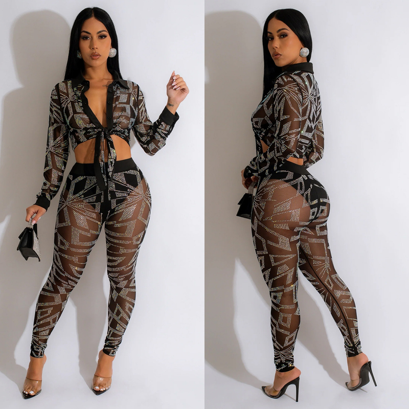 Women's Clothing fashion women's solid color mesh hot diamond long-sleeved trousers two-piece set_autovado.com