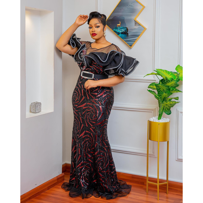 Rose-shaped Sequins Slim Mermaid Evening Dress Long Skirt One-shoulder Lotus Leaf Luxury Women's Clothing_autovado.com