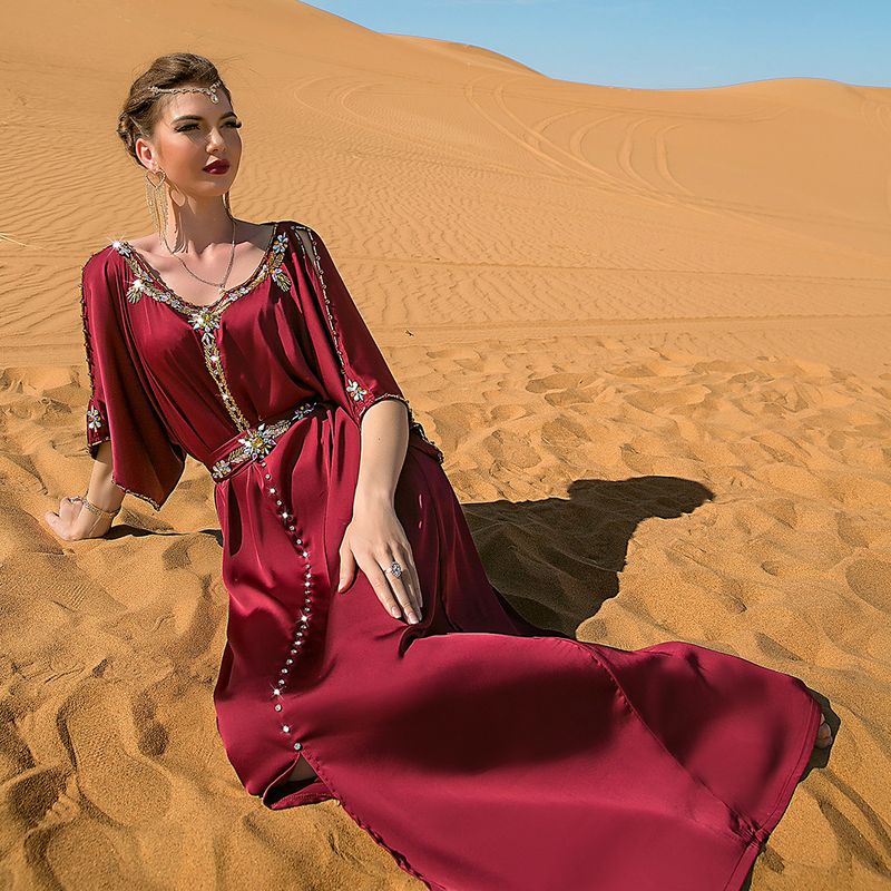 Women's clothing Burgundy off-shoulder hand-stitched diamond design dress Middle Eastern party holiday gift_autovado.com