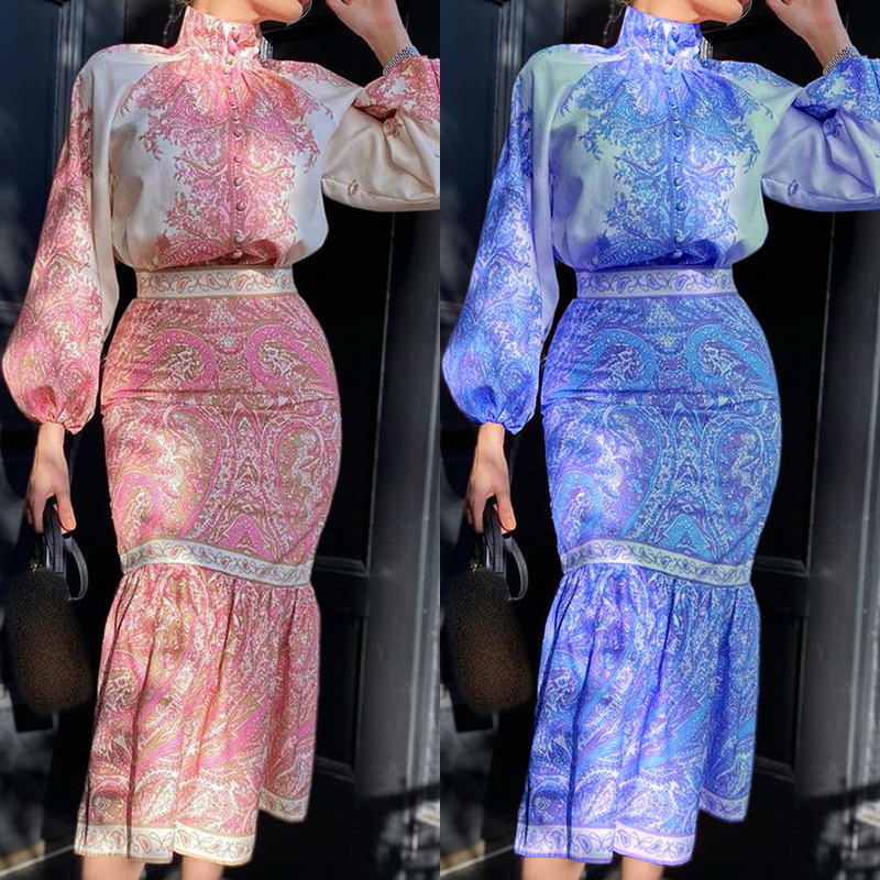 Women'S Autumn New Bohemian Printed Top Mid-Length Covered Arm Skirt Suit for Women_autovado.com