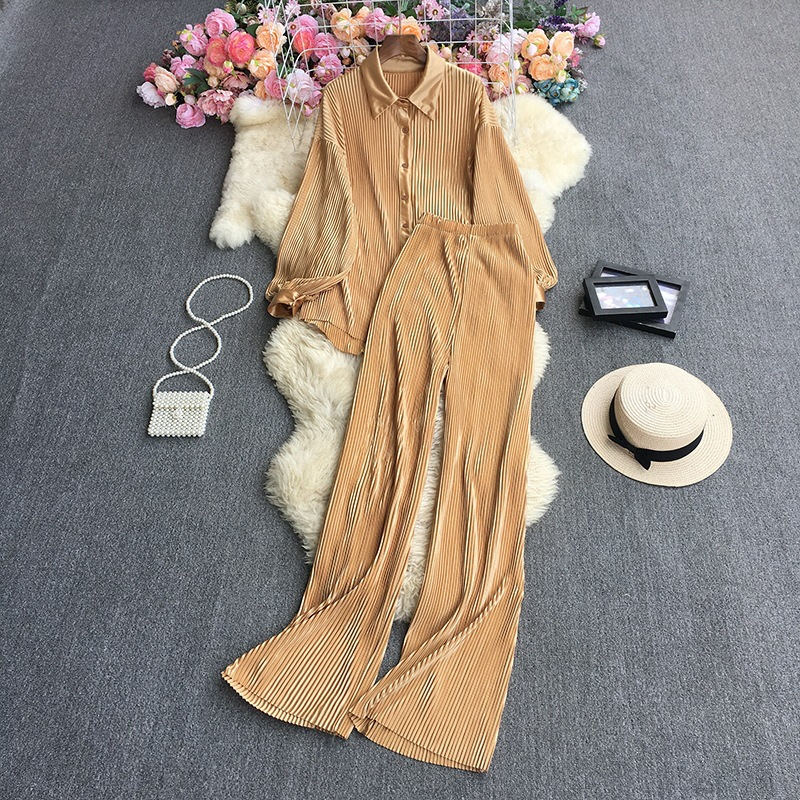 Women's Fashion Clean Color Shirt Two-piece Set Of High Waist Vertical Vertical Wide Leg Pants_autovado.com
