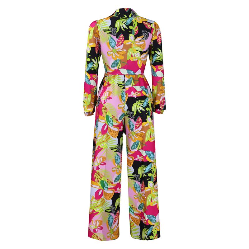 Women's Fashion Print Two-piece Suit Lapel Tie Shirt Wide Leg Pants Suit_autovado.com