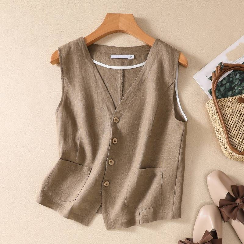 Women's Clothing new fashion short cotton and linen vest single layer vest retro casual ladies sleeveless cardigan top_autovado.com