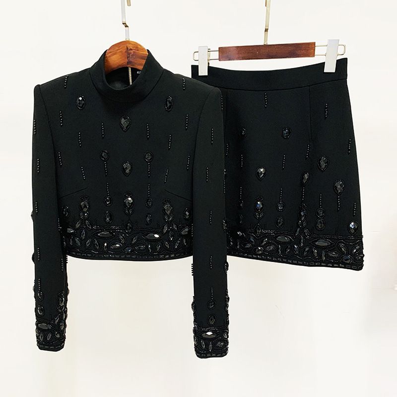 Women's Clothing celebrity fashion new heavy beaded diamond short top skirt suit two piece suit_autovado.com