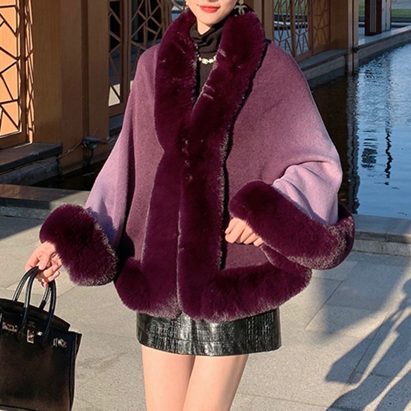 Women's Clothing New rex rabbit fur collar gradien autumn and winter shawl cape large size women's knitted cardigan jacket_autovado.com
