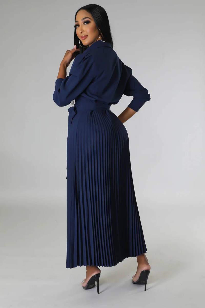 Long sleeved Polo collar high waist fashion casual pleated women's dress_autovado.com