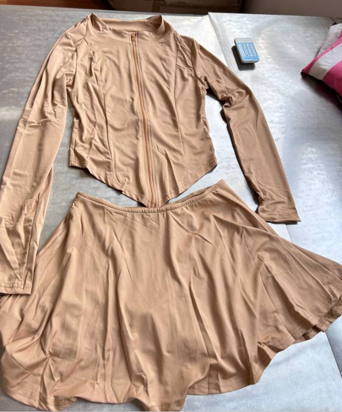 women's clothing sports casual tight waist long sleeve flared skirt two piece suit (with safety pants_autovado.com