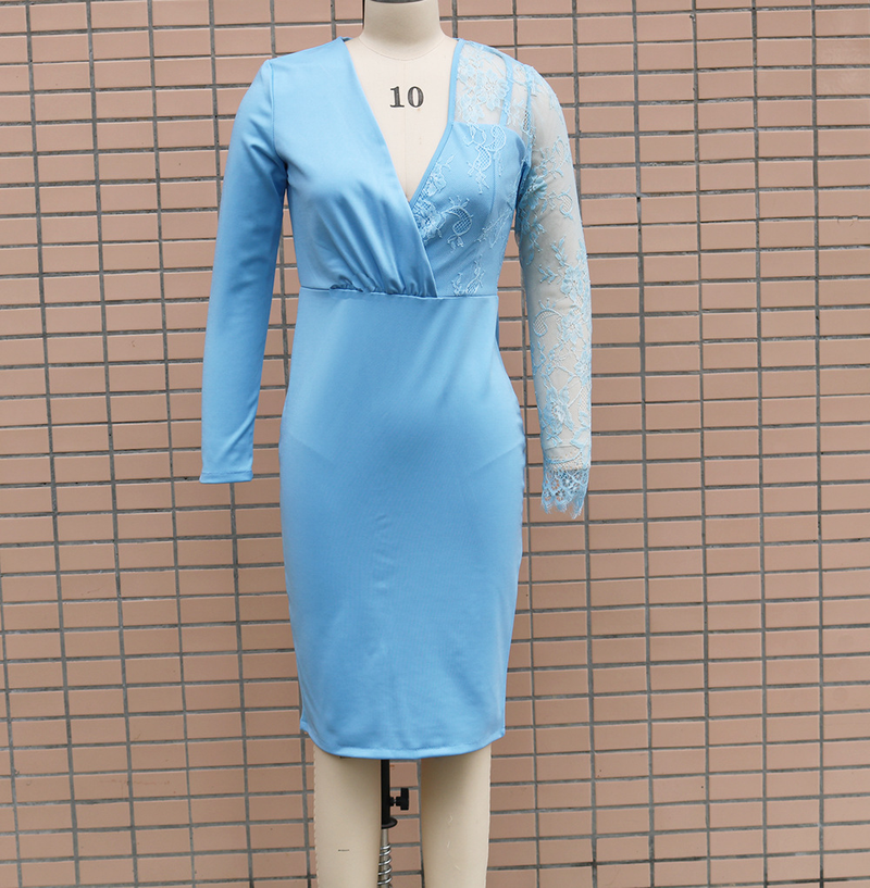 Women's Deep V Neck Long Sleeve Lace Patchwork Slim Fit Hip Wrap Dress_autovado.com