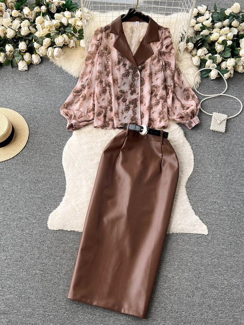 Women's Clothing collar floral chiffon shirt high waist tight PU leather skirt female high end outfit two piece suit_autovado.com