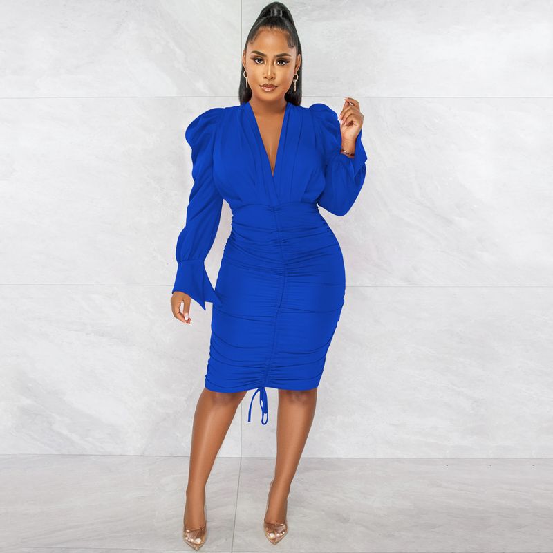 Women's Clothing fashion casual solid color long-sleeved pleated V-neck dress for women_autovado.com