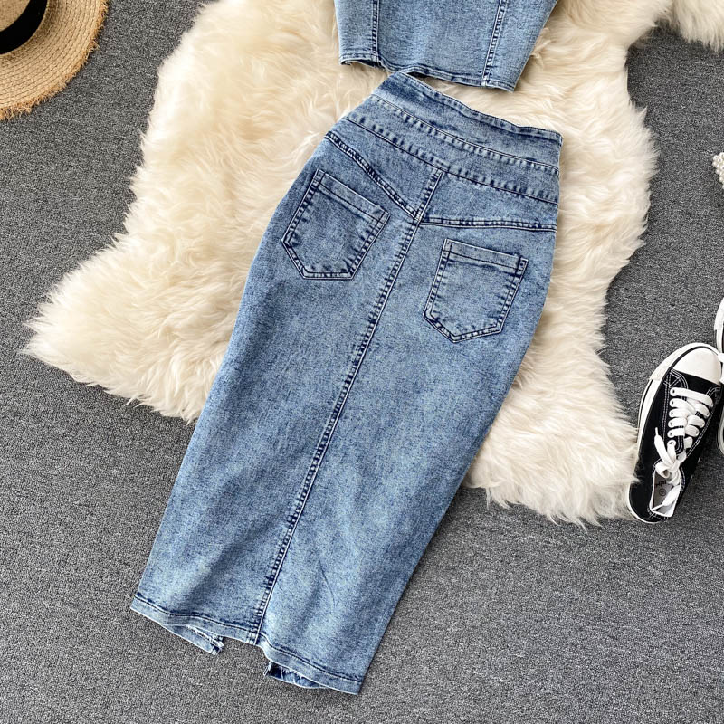 Women Sexy short camisole vest high waisted denim skirt_autovado.com