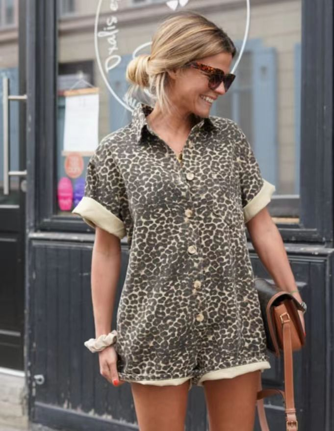 New Women's print holiday style lapel design shirt shorts suit women_autovado.com