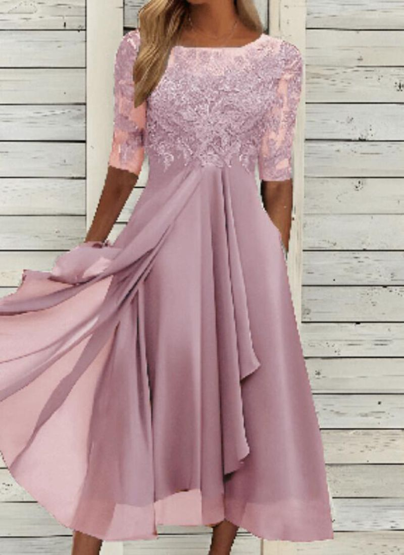 Women's clothing Dress Chiffon Spliced Lace Hollow Long Skirt Bridesmaid Evening Dress Women's Clothing_autovado.com