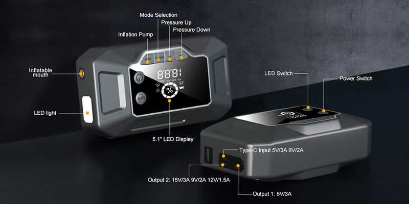Jump Starter And Tire Inflator, 26000 MAh, Rechargeable USB Emergency Battery Booster With Air Compressor, Multiple_autovado.com