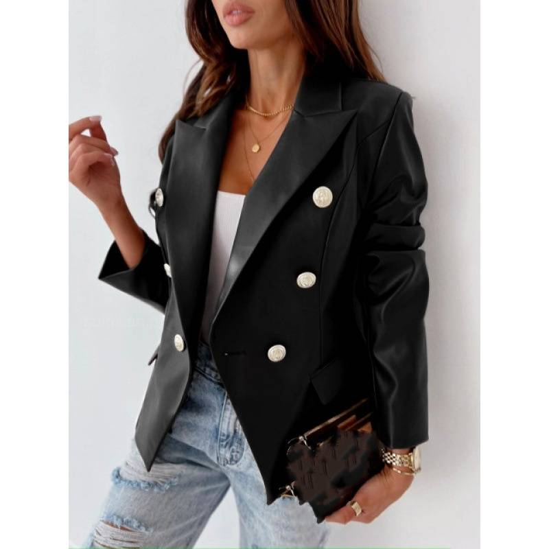 Women's Clothing new style long sleeved double breasted fashionable PU leather suit small jacket_autovado.com