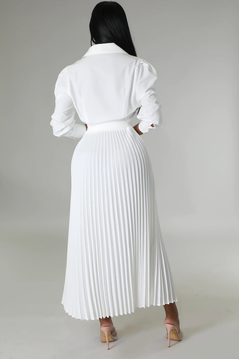 Long sleeved Polo collar high waist fashion casual pleated women's dress_autovado.com