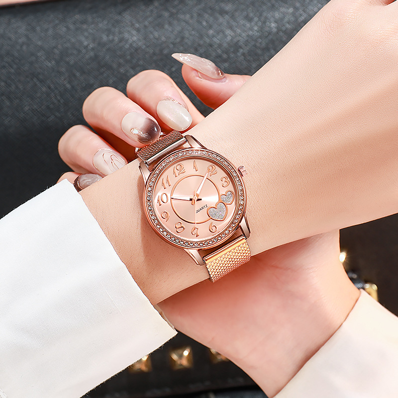peach heart mesh quartz watch student rose gold Love Diamond women's watch_autovado.com
