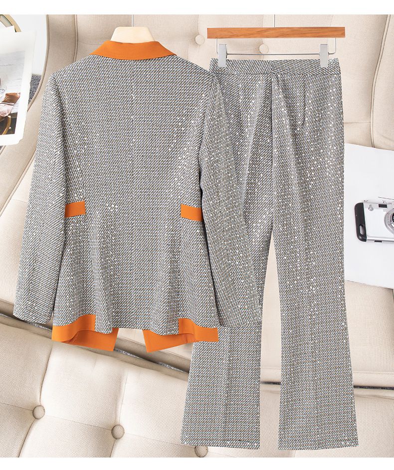 Women's Clothing high-end slim slimming heavy work sequins professional Plaid color matching suit_autovado.com