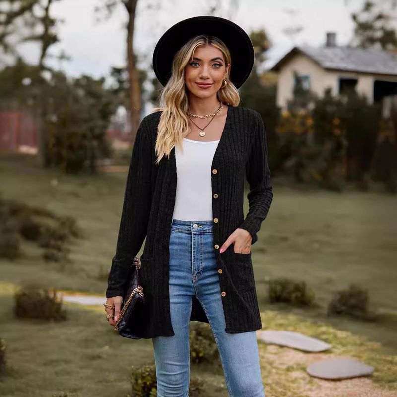 New women's clothing women's brushed pit strip solid color long-sleeved women's cardigan jacket_autovado.com