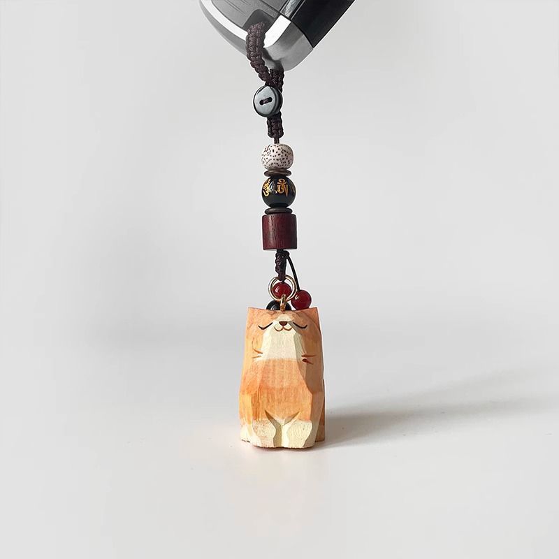 Hand Carved Wood Carved Orange Cat Shiba Inu Mi Ping An Six Character Mantra Woven Keychain Chain Ring Car Schoolbag Pendant Ornament_autovado.com