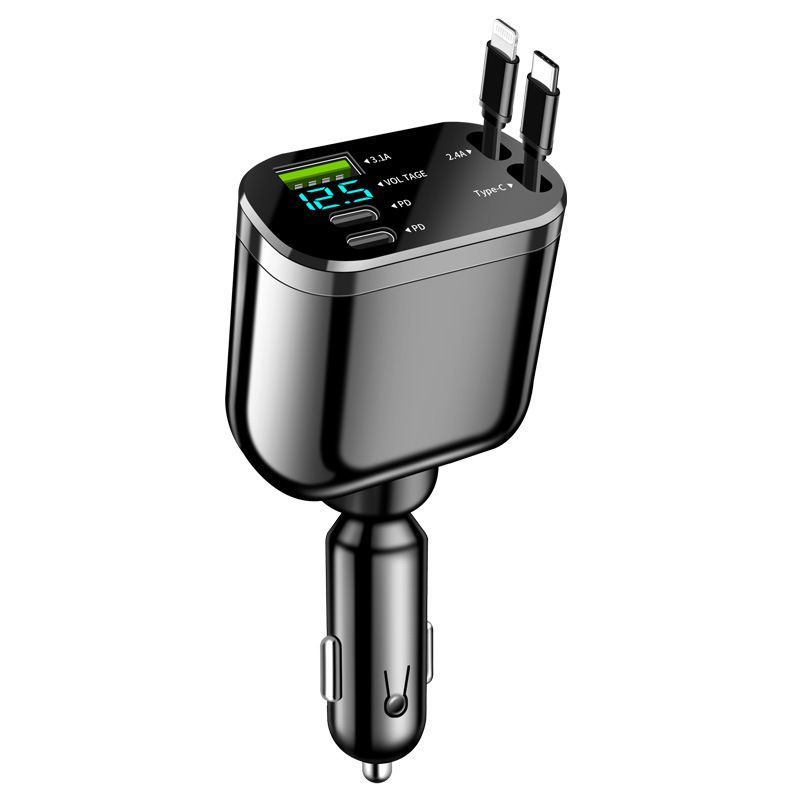 Digital Display Retractable Cable Charger PD Car Super Fast Charging Five-in-One Cigarette Lighter Cross-Border_autovado.com