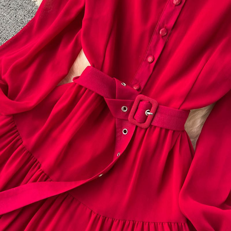 Women's V-neck Single Breasted Chiffon French Vintage Waist Slimming Big Swing A-line Long Skirt_autovado.com