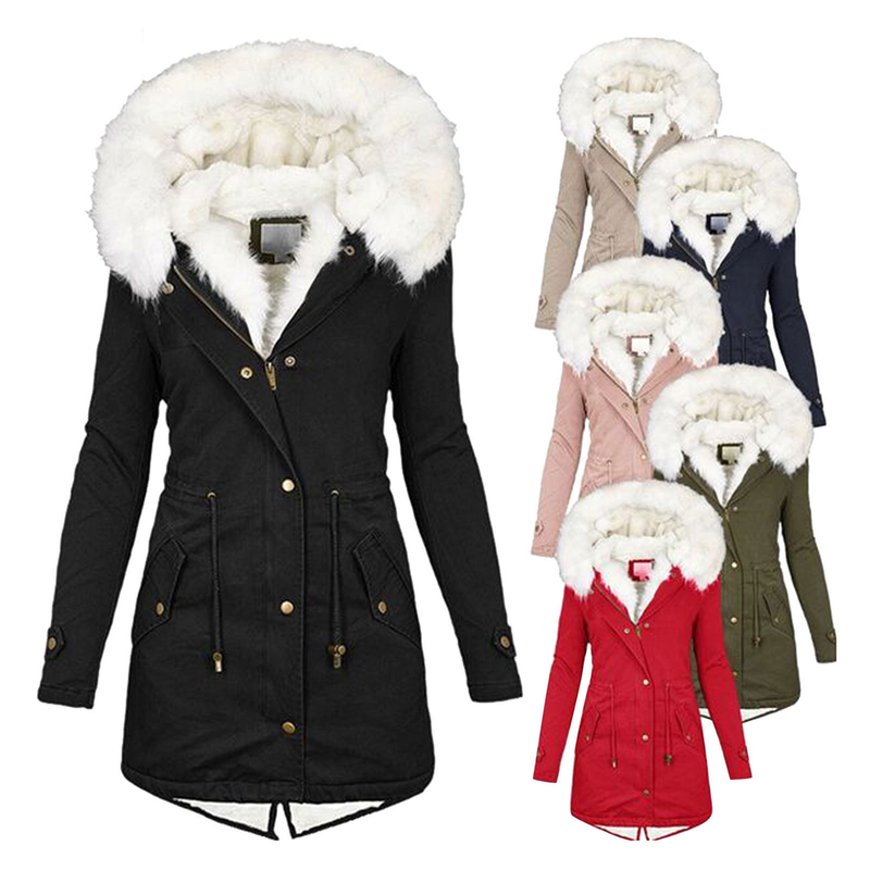 Women's Clothing Women's Autumn And Winter Mid Length Windbreaker White Fur Collar Hooded Warm Plus Velvet Women's Coat_autovado.com