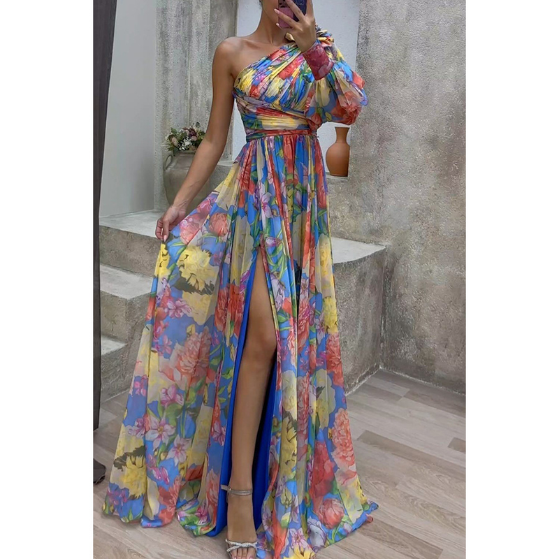 Women's party new casual slit dress INS loose multi-color slant shoulder dress_autovado.com