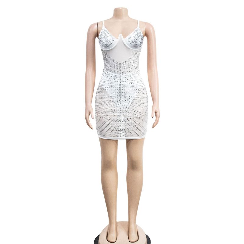 Women's hot diamond mesh suspender sleeveless short skirt dress_autovado.com