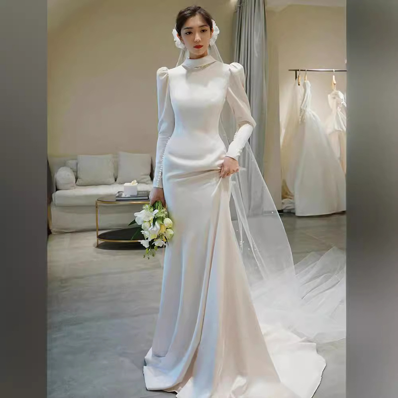 women's light wedding dress, simple slim fit, slim satin evening dress, long sleeves, backless, welcome yarn with small tail_autovado.com