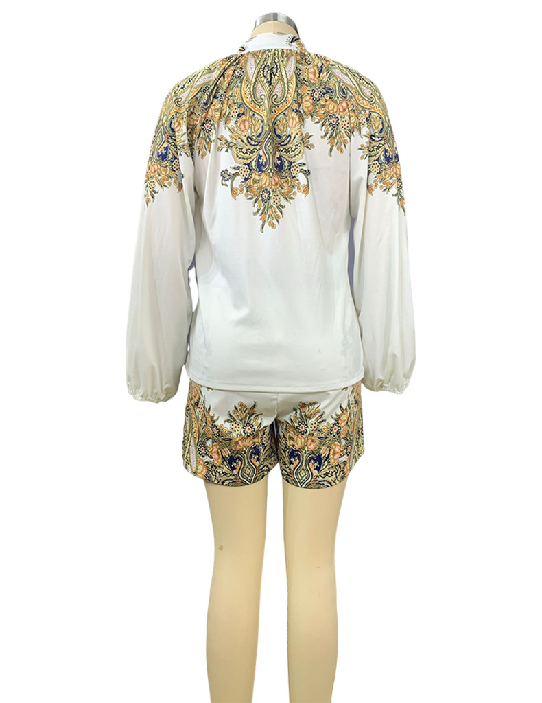 Women's printed long-sleeved blouse and shorts set two-piece_autovado.com
