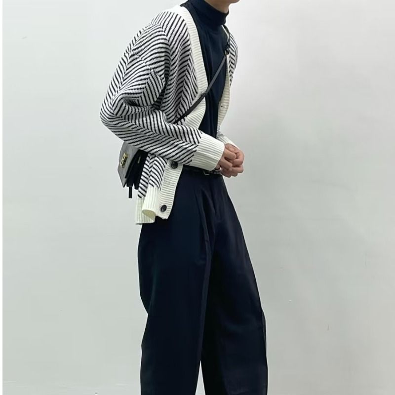 Men's Clothing New retro vintage striped sweater men's outer wear loose style ins lazy style knitted cardigan jacket_autovado.com
