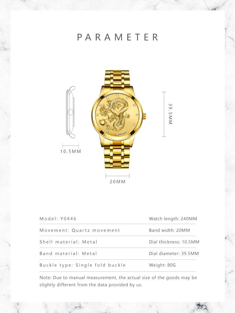 Men's Quartz Watch Men's Watch Diamond Yellow Gold Luminous Waterproof Steel Belt Relief Dragon Totem Watch_autovado.com