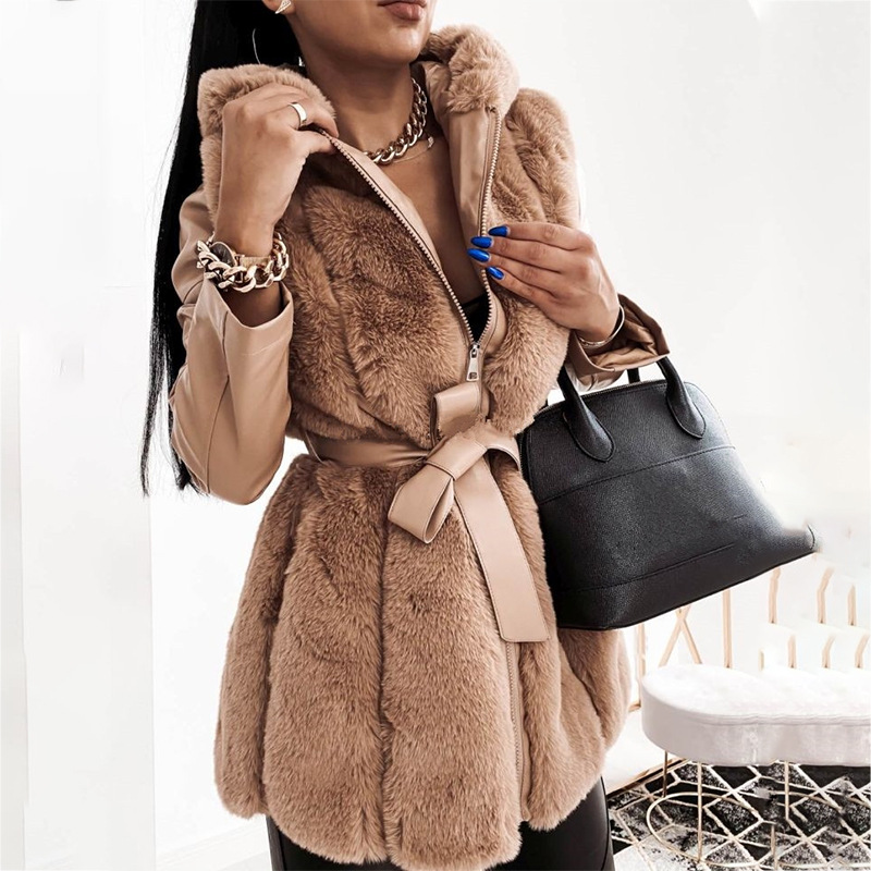 Women's fur coat Women's belted hooded solid color zipper jacket_autovado.com