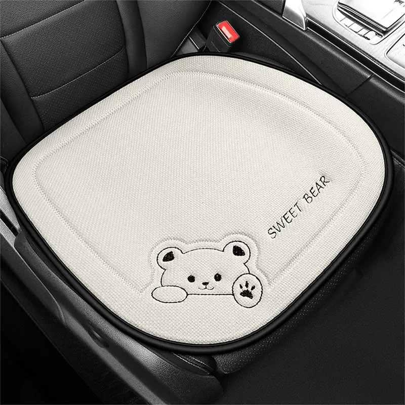 Fashion Linen Cartoon Bear Women's Cute Anti-slip Breathable Car Seat Protect Cushion Cover Universal_autovado.com