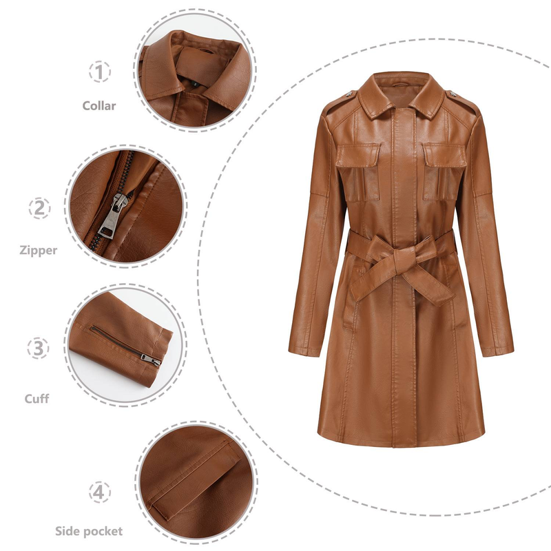 New mid-length leather coat with belt long-sleeved leather trench coat fashionable coat woman_autovado.com