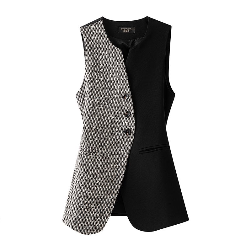 Women's Clothing round neck vest new design slim fit plaid vest outer wear waistcoat _autovado.com