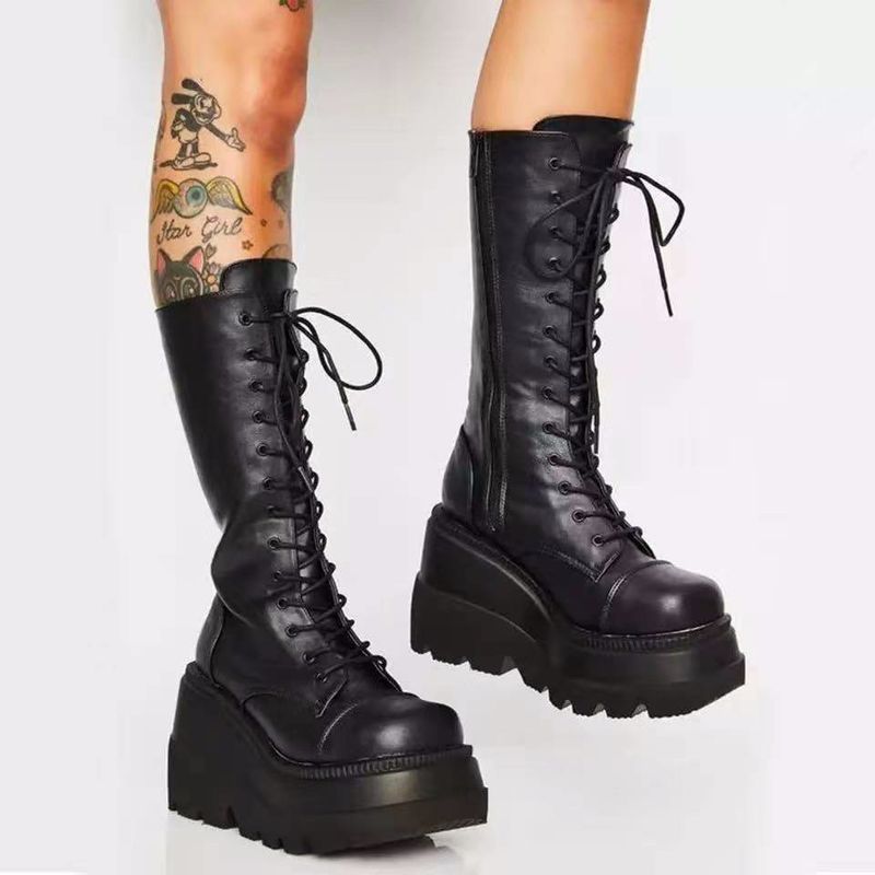 Winter buckle ankle boots Women's Punk women's platform Motorcycle Rider boots Wedge heels PU Women's boots Plus size women's boots_autovado.com