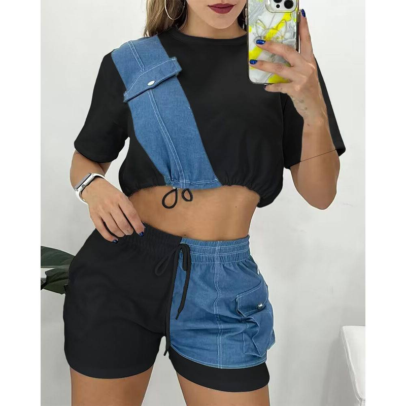 Women's Wholesale New Model Summer Imitation Denim Splicing Short Casual Suit_autovado.com