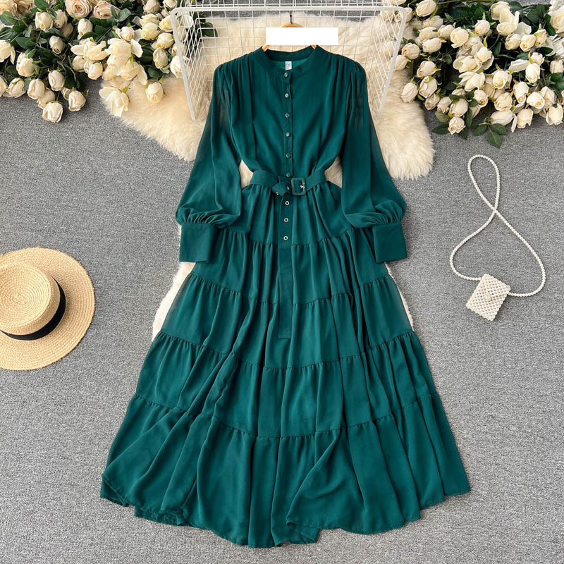 Women's V-neck Single Breasted Chiffon French Vintage Waist Slimming Big Swing A-line Long Skirt_autovado.com