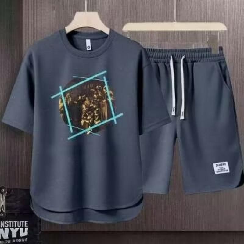 Men's Clothing 2024 Waffle Casual Summer Suit Loose Teen Short sleeved T shirt Shorts Handsome Two piece Suit_autovado.com
