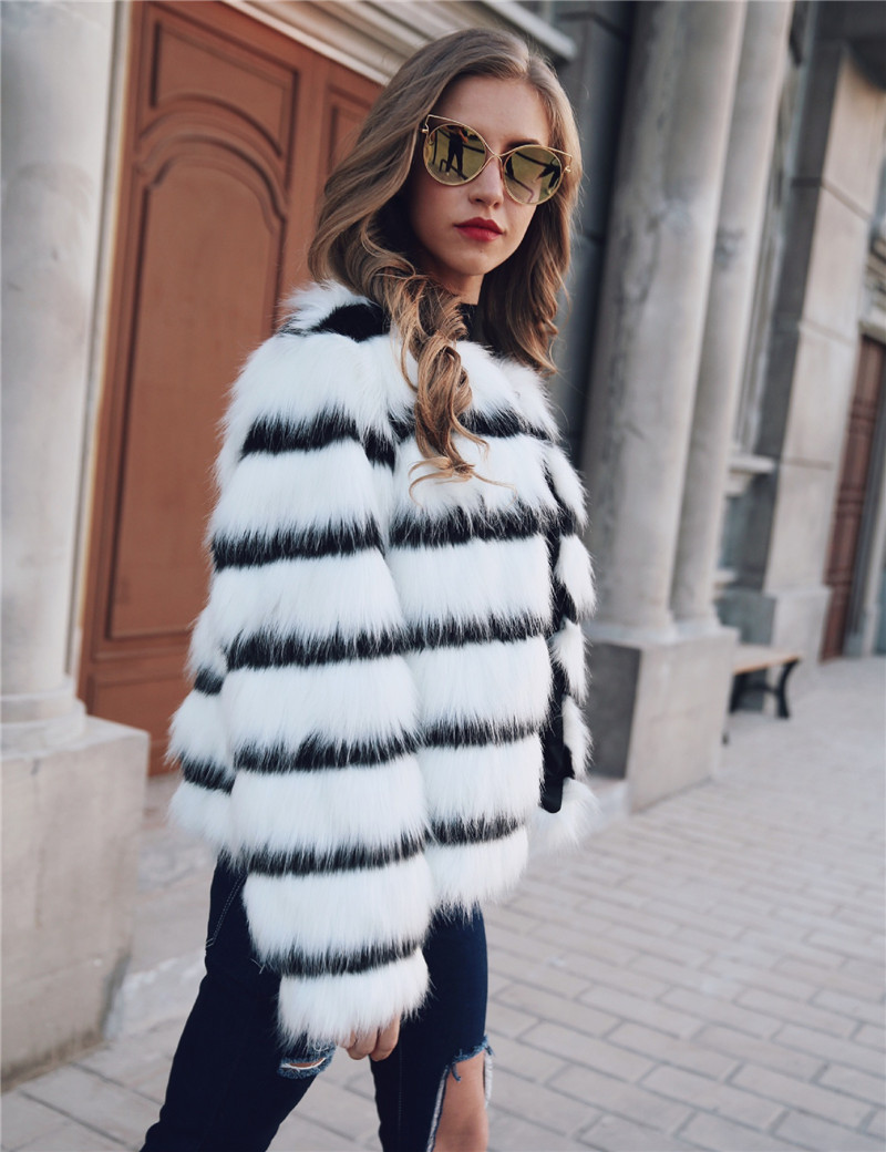 Women's Clothing Black and white color block fox fur coat winter fur coat women's round neck long sleeve fur women's tops_autovado.com