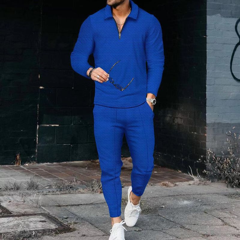 Men's Clothing texture suit long-sleeved polo suit sports pants fashion casual half zipper stand collar suit_autovado.com