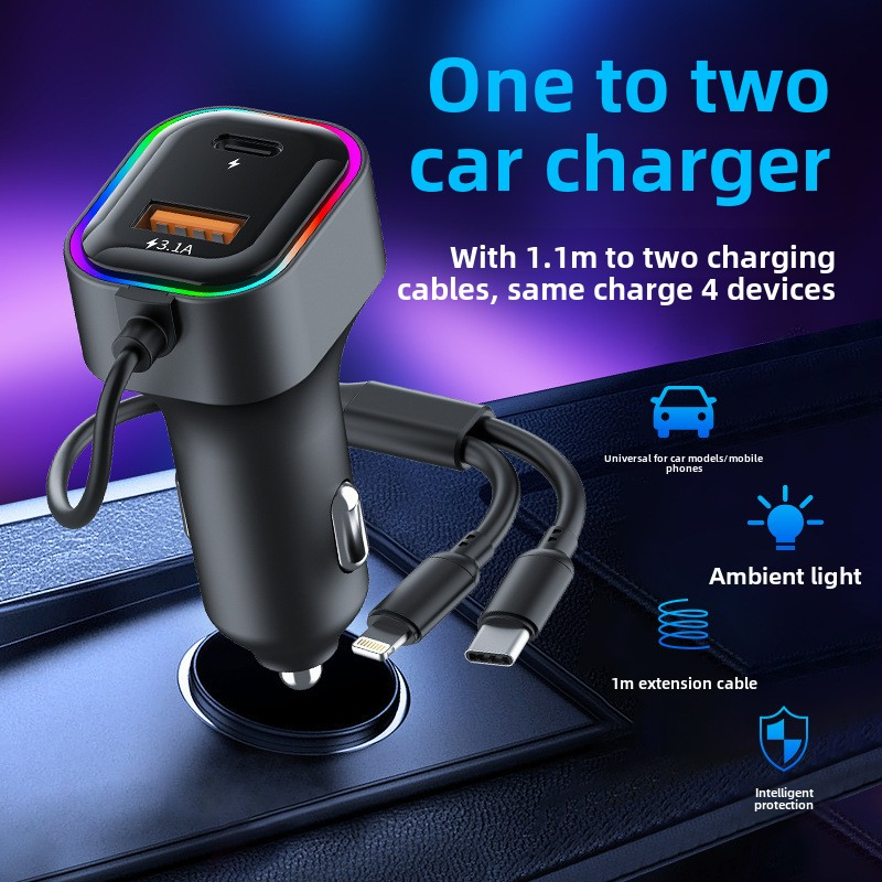 USB One To Two With Cable Charger, Multifunctional Car Phone Charger_autovado.com