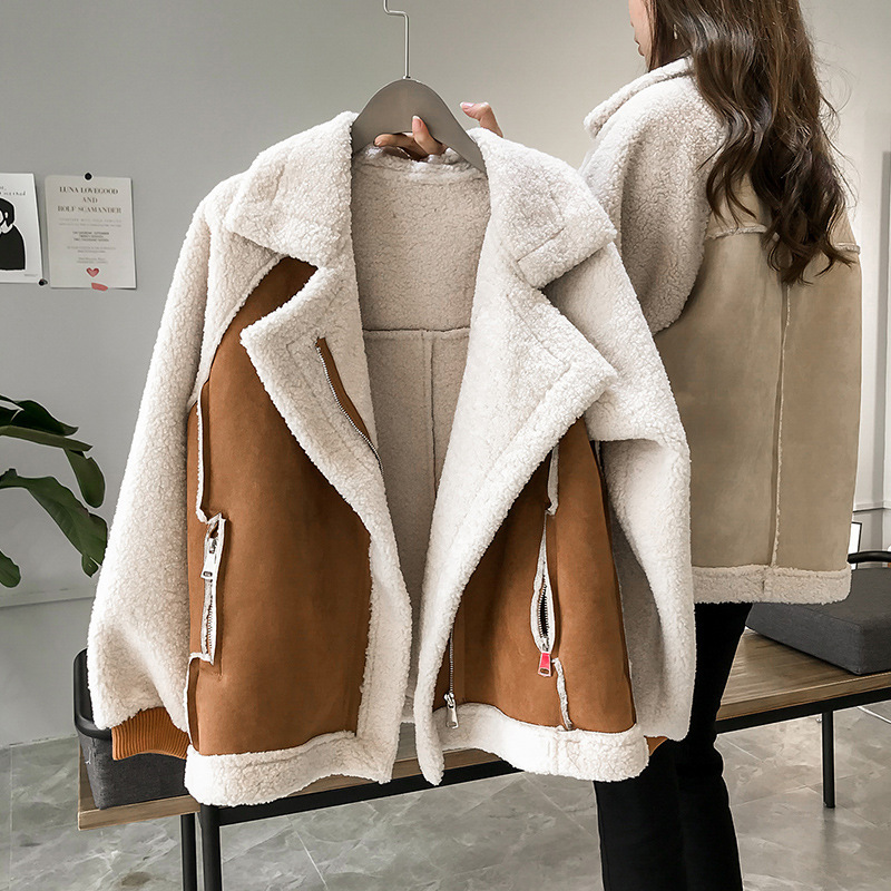 Women's Clothing Women's chic loose fur one-piece suede jacket women's short lamb velvet motorcycle jacket_autovado.com