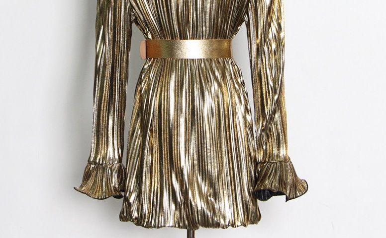Women's round neck pleated stitching glossy waist style short dress_autovado.com